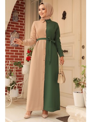 Neva Style Blok Renkli Yeşil Tesettür Elbise 3437Y