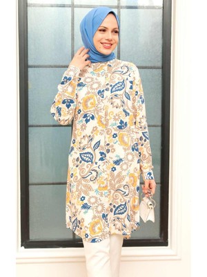 Neva Style Desenli Ekru Tesettür Viskon Tunik 11557E