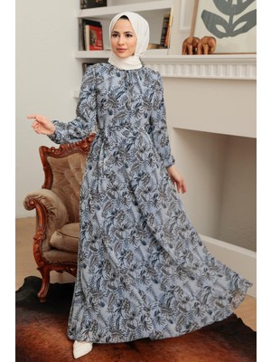 Neva Style Çiçek Desenli Mavi Tesettür Elbise 279077M