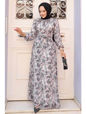 Neva Style Çiçek Desenli Haki Tesettür Elbise 279077HK