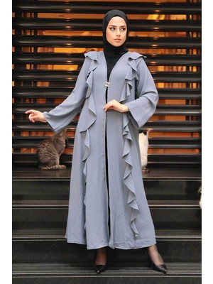 Neva Style Fırfır Detaylı Gri Tesettür Abaya 15402GR