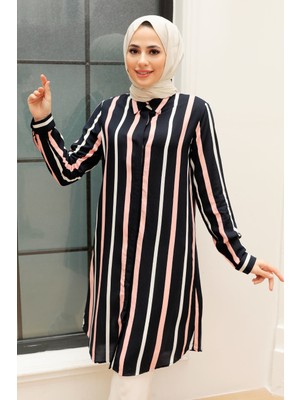 Neva Style Çizgili Lacivert Tesettür Viskon Tunik 11584L