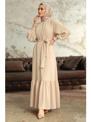 Neva Style Etek Ucu Volanlı Krem Tesettür Elbise 5972KR