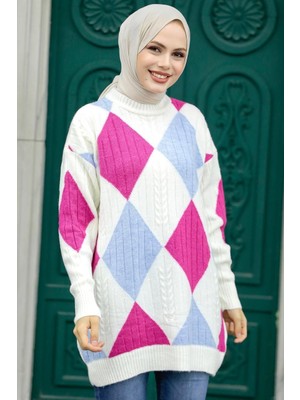 Neva Style Baklava Desenli Fuşya Tesettür Triko Kazak 8228F