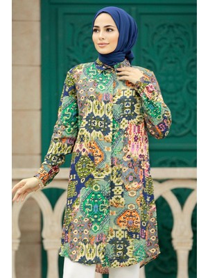 Neva Style Desenli Haki Tesettür Viskon Tunik 11617HK