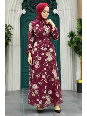 Neva Style Çiçek Desenli Bordo Tesettür Elbise 279080BR