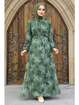 Neva Style Çiçek Desenli Çağla Yeşili Tesettür Elbise 279079CY