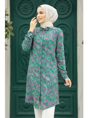 Neva Style Desenli Yeşil Tesettür Viskon Tunik 11607Y
