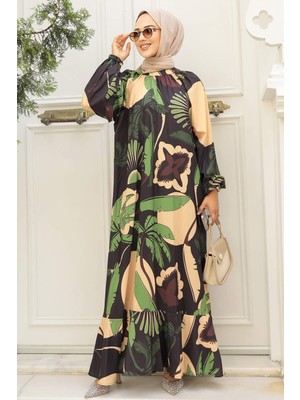Neva Style Desenli Yeşil Tesettür Elbise 34610Y