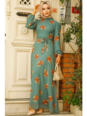Neva Style Çiçek Desenli Çağla Yeşili Tesettür Elbise 27937CY