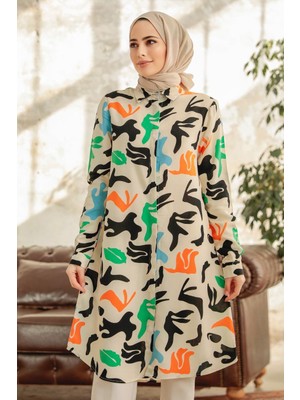 Neva Style Desenli Bej Tesettür Viskon Tunik 11626BEJ