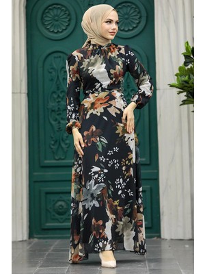 Neva Style Çiçek Desenli Siyah Tesettür Elbise 27942S