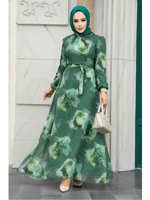Neva Style Desenli Haki Tesettür Elbise 279313HK