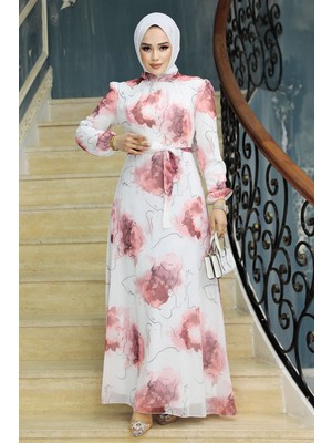 Neva Style Desenli Somon Tesettür Elbise 279313SMN