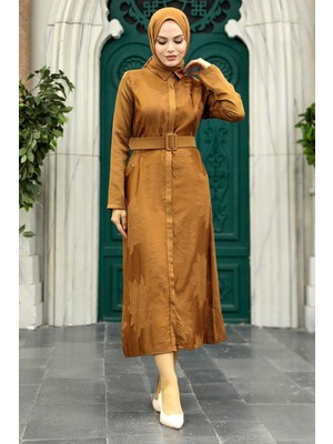 Neva Style Çiçek Detaylı Camel Tesettür Elbise 1447C