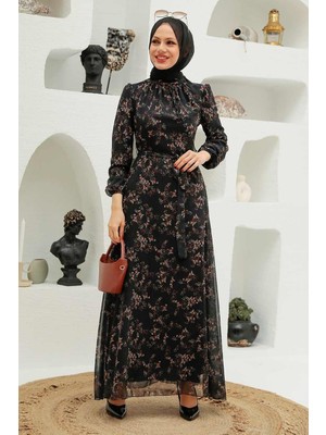 Neva Style Çiçek Desenli Siyah Tesettür Elbise 27923S