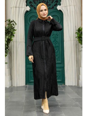 Neva Style Çiçek Detaylı Siyah Tesettür Elbise 1447S
