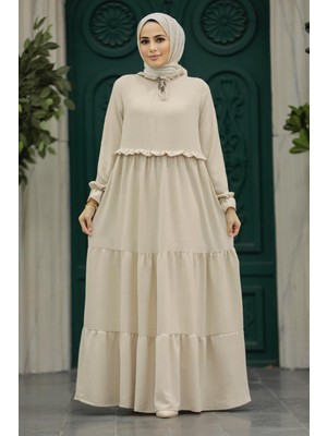 Neva Style Kat Piliseli Bej Tesettür Elbise 5854BEJ