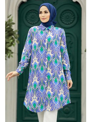 Neva Style Desenli İndigo Mavisi Tesettür Viskon Tunik 11621IM