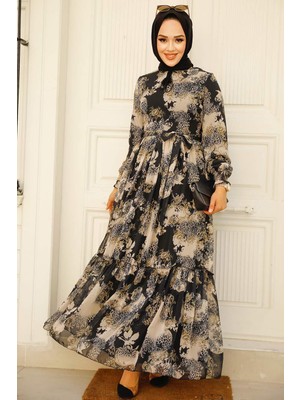 Neva Style Desenli Siyah Tesettür Elbise 33560S