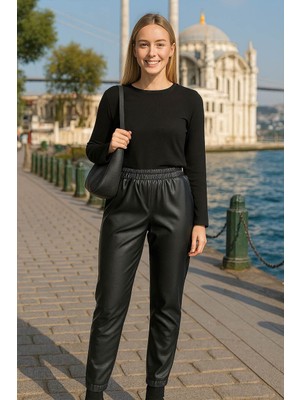 Neva Style Suni Deri Siyah Tesettür Pantolon 10210S