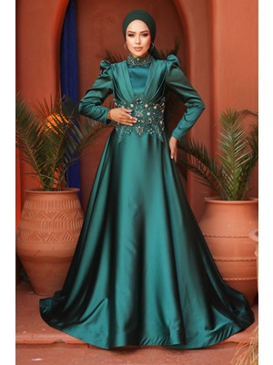 Neva Style Boncuk İşlemeli Yeşil Saten Tesettür Abiye Elbise 22640Y