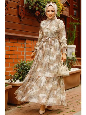 Neva Style Desenli Bej Tesettür Elbise 33560BEJ