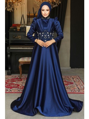 Neva Style Boncuk İşlemeli Lacivert Saten Tesettür Abiye Elbise 22640L