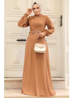 Neva Style Tokalı Kemerli Bisküvi Tesettür Elbise 3425BS
