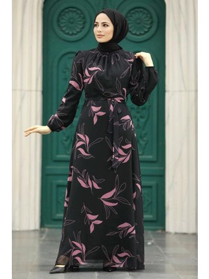 Neva Style Yaprak Desenli Gül Kurusu Tesettür Elbise 279315GK
