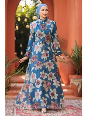Neva Style Çiçek Desenli İndigo Mavisi Tesettür Elbise 279325IM