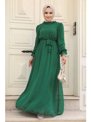 Neva Style Kemerli Yeşil Tesettür Elbise 2971Y