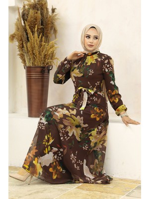 Neva Style Çiçek Desenli Kahverengi Tesettür Elbise 27942KH