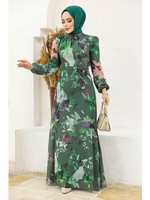 Neva Style Çiçek Desenli Haki Tesettür Elbise 27942HK