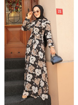 Neva Style Çiçek Desenli Siyah Tesettür Elbise 27939S