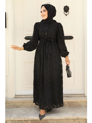 Neva Style Desenli Siyah Tesettür Elbise 14012S