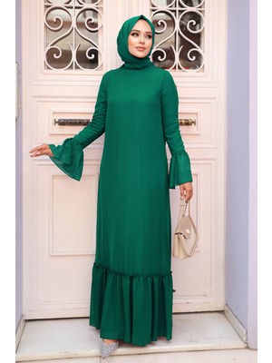 Neva Style Kol Ucu Volanlı Yeşil Tesettür Elbise 5729Y