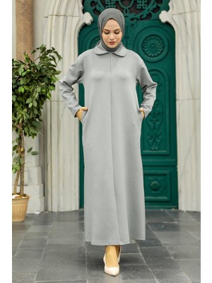 Neva Style Fermuarlı Gri Tesettür Elbise 17872GR