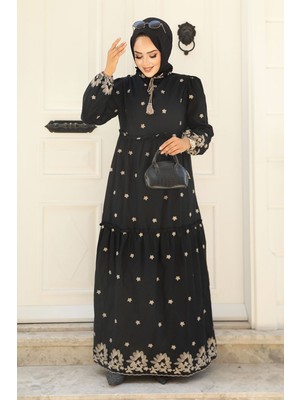 Neva Style Çiçek Desenli Siyah Tesettür Elbise 1381S