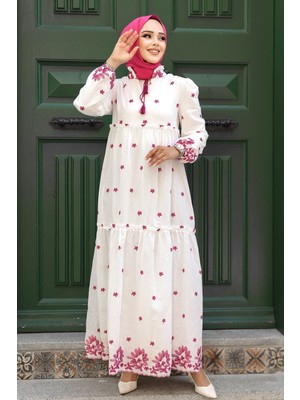 Neva Style Çiçek Desenli Fuşya Tesettür Elbise 1381F