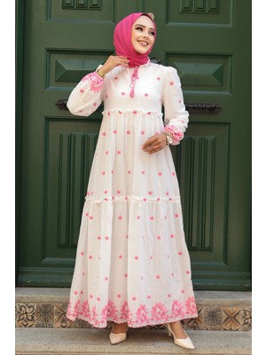 Neva Style Çiçek Desenli Pembe Tesettür Elbise 1381P