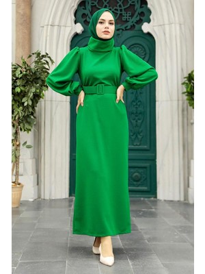 Neva Style Boğazlı Yaka Yeşil Tesettür Elbise 17861Y