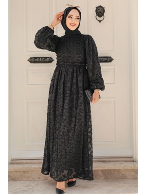 Neva Style Desenli Siyah Tesettür Elbise 1388S