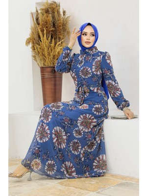 Neva Style Çiçek Desenli İndigo Mavisi Tesettür Elbise 279320IM