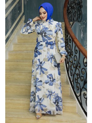 Neva Style Çiçek Desenli Ekru Tesettür Elbise 279322E