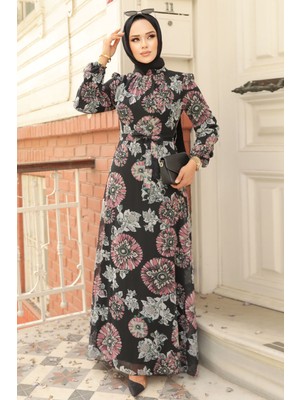 Neva Style Çiçek Desenli Gül Kurusu Tesettür Elbise 279320GK
