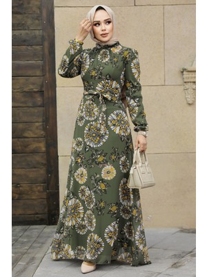Neva Style Çiçek Desenli Haki Tesettür Elbise 279320HK