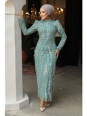 Boncuk Işlemeli Çağla Yeşili Tesettür Abiye Elbise 52053CY