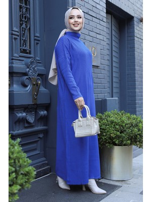 Neva Style Boğazlı Yaka Sax Mavisi Tesettür Triko Elbise 34150SX