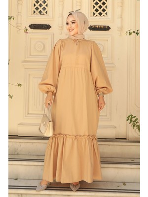 Neva Style Balon Kol Bisküvi Tesettür Poplin Elbise 57341BS